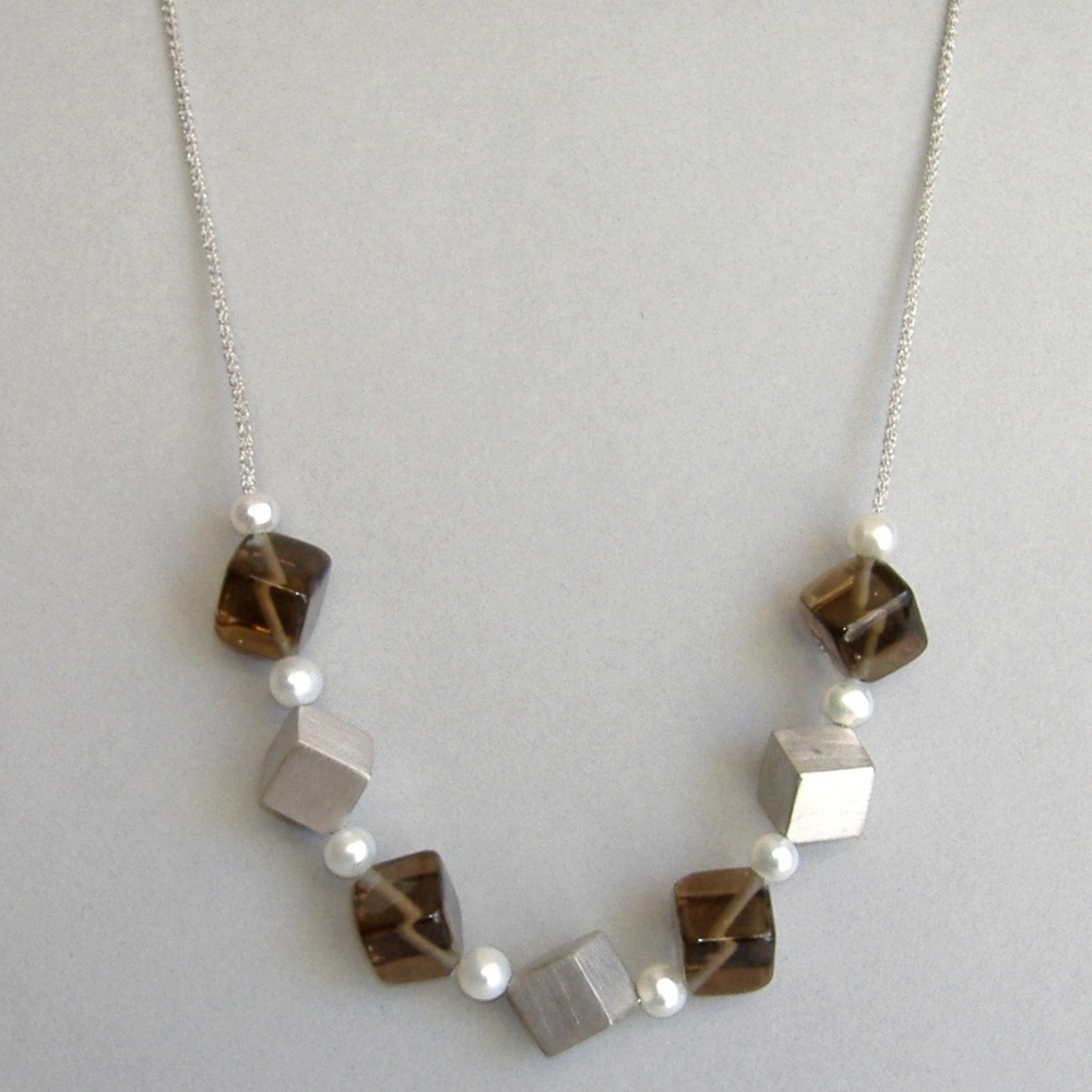 Smokey Quartz Pearl Necklace Sterling Silver Frederic Duclos Cube Chain Gift New